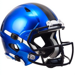 Fototapeta premium Modern, reflective blue football helmet with a bold central black stripe, isolated on white, a high-resolution sporting apparel