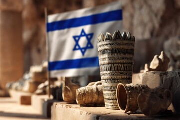 Display of ancient artifacts alongside Israel's flag in a historical site under natural light