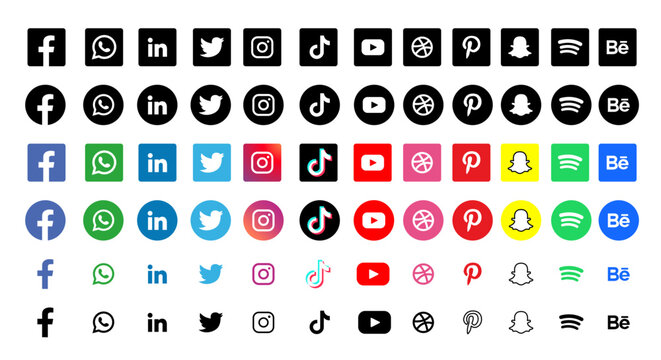 Set of flat Social Media and Communication Icons in Circle or Square or Isolated Logo - Fill, Outline, Colorfull, Black and Color (SVG, Vector Format)
