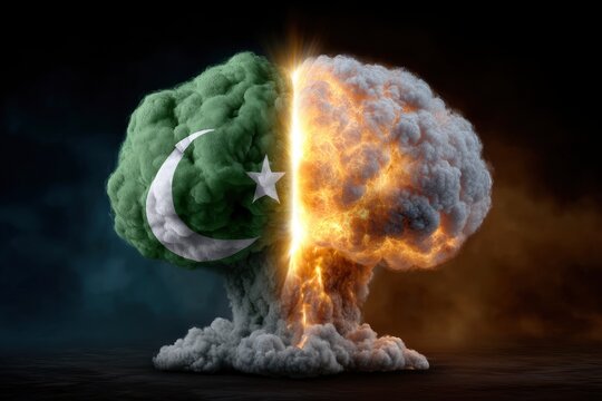 A mushroom cloud divides Pakistans flag from fire and smoke symbolizing conflict