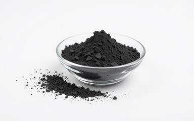 Activated charcoal concept. Black powder in a clear bowl with scattered residue around it.