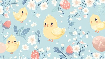 Cute spring chick pattern with pastel flowers and eggs