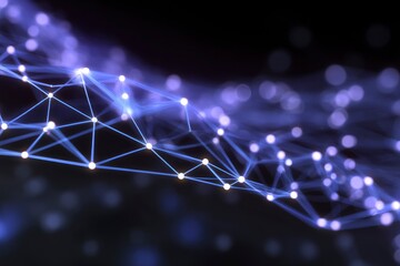 A network of white dots connected by light blue lines against a dark blurred background