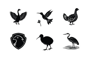 Naklejka premium Six black silhouettes of various birds