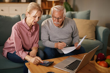 Indoors during the day, a senior couple sits on a sofa in their living room.