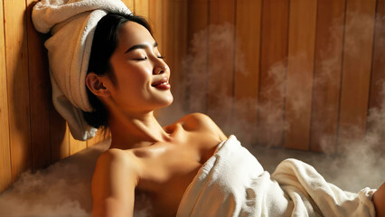 Asian young woman relaxes in a heated sauna, draped with a towel, in a traditional wooden steam room reminiscent