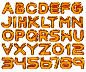 3D render of an inflated metallic orange alphabet and number set (A-Z and 0-9) with a glossy, modern, and vibrant aesthetic