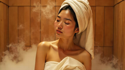 Asian young woman relaxes in a heated sauna, draped with a towel, in a traditional wooden steam room reminiscent