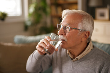 An older man with white hair and a mustache wears eyeglasses and drinks a glass of water. He is seated on a couch inside his home, illuminated by sunlight from a nearby window.