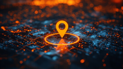 Digital map with a location pin icon on a digital technology background, in an orange and blue color scheme