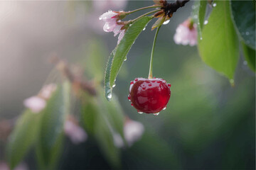 A single ripe cherry with water droplets hanging from a branch