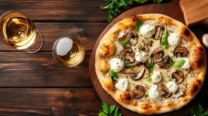 A delectable gourmet pizza topped with mushrooms served alongside two glasses of white wine, creating an inviting and appetizing atmosphere perfect for dining.