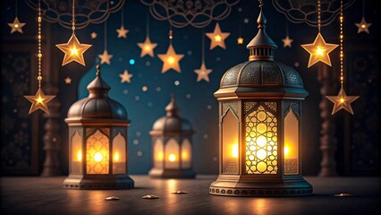 Fototapeta premium Decorative ramadan lanterns and glowing stars with festive lights at night 