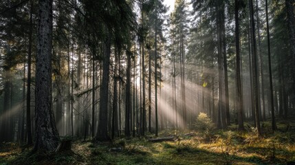 Obraz premium Misty evergreen forest at dawn with sun rays piercing through tall pines