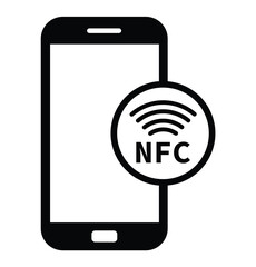 Minimalist black and white graphic of a smartphone with "NFC" on screen and wireless signal waves, symbolizing Near Field Communication technology in a clean, modern style.