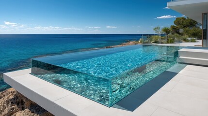 Fototapeta premium Modern glass-edged pool on cliff overlooking ocean