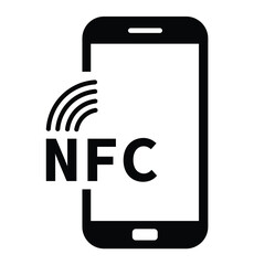 Minimalist black and white graphic of a smartphone with "NFC" on screen and wireless signal waves, symbolizing Near Field Communication technology in a clean, modern style.