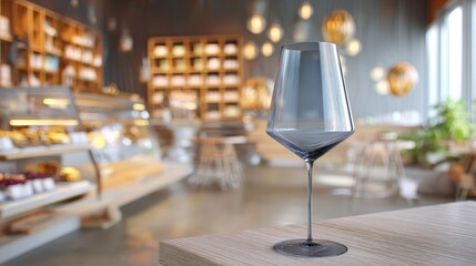 Modern polycarbonate wine glass in smoked gray with thin stem on a softly blurred tasting room background