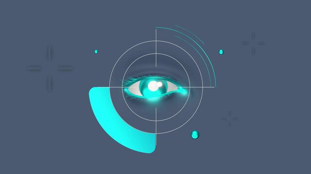 Futuristic eye with crosshairs and telescope and geometric elements representing precision vision, target surveillance, data tracking and technological surveillance in a modern abstract interface desi