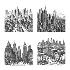 Fototapeta premium urban skylines, classic skyscrapers, and old city streets in engraving technique Set collection bundle sketch engraving generative ai vector illustration. Scratch board imitation. Black and white.
