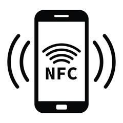 Minimalist black and white graphic of a smartphone with "NFC" on screen and wireless signal waves, symbolizing Near Field Communication technology in a clean, modern style.