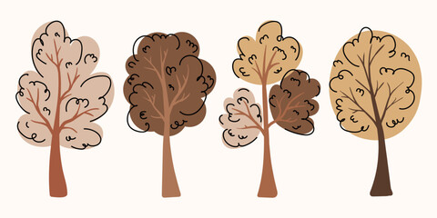 Autumn tree collection in hand drawn flat style. Artistic trees elements set. Fall forest tree icons in brown colors. Woods doodle symbols set.