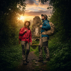 Two young people  in the forest in search of lost cities at sunset