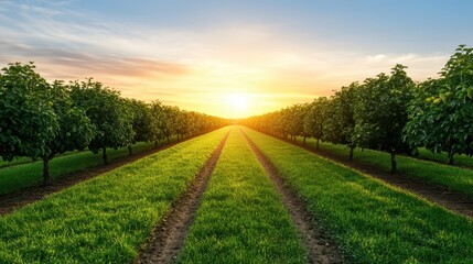 This stunning image features flourishing green orchards, perfectly arranged in rows with the golden sunrise illuminating the scene, symbolizing growth and renewal in nature.