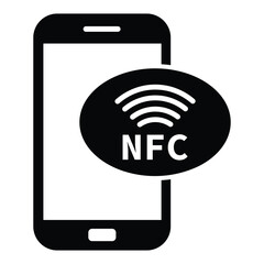 Minimalist black and white graphic of a smartphone with "NFC" on screen and wireless signal waves, symbolizing Near Field Communication technology in a clean, modern style.
