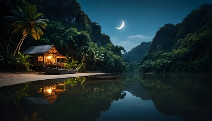 Obraz premium jungle landscape at night along the banks of the river, nestled among the trees, are a few rustic, traditional stilt houses