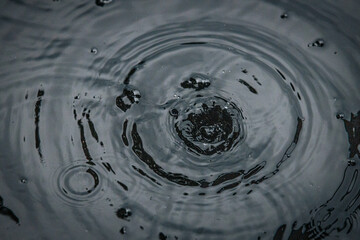 A water droplet creates a splash and a crown-like spike on a calm dark surface, captured in a...