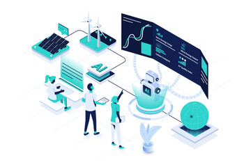 Modern isometric vector illustration featuring an AI assistant managing a sustainability control center. Ideal for topics related to eco technology, green energy, environmental monitoring, etc.