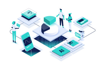 A vibrant and clean isometric illustration showing a team analyzing business data with the help of AI and digital tools. Includes pie charts, dashboards, mobile analytics, and a friendly AI robot