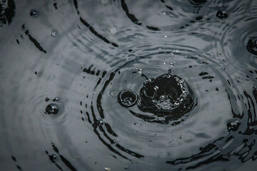 A water droplet creates a splash and a crown-like spike on a calm dark surface, captured in a...