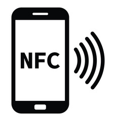 Minimalist black and white graphic of a smartphone with "NFC" on screen and wireless signal waves, symbolizing Near Field Communication technology in a clean, modern style.