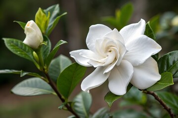 Obraz premium Simple gardenia white fragrant glossy evergreen garden bloom Plants and Flowers