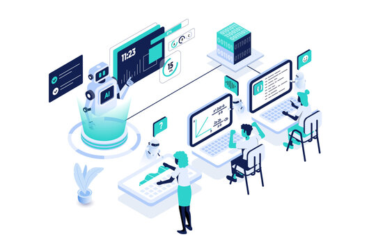 Modern isometric illustration of AI powered learning. Scene includes holographic tutor, students with tablets, and personalized smart learning dashboards. Ideal for education and tech concepts. Vector