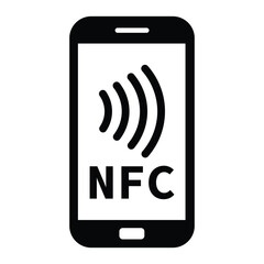 Minimalist black and white graphic of a smartphone with "NFC" on screen and wireless signal waves, symbolizing Near Field Communication technology in a clean, modern style.