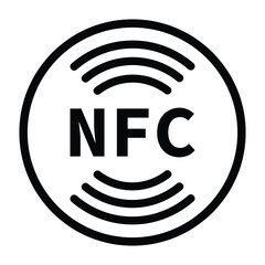 Minimalist black and white circular NFC icon with radio wave symbol. Clean, geometric design on white background. Flat, modern, and technical style ideal for tech and UI concepts.