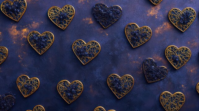Heart-shaped decorative objects arranged on a patterned surface