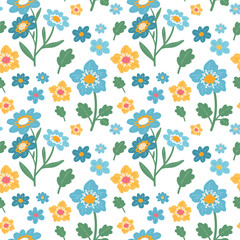 Blue and yellow flowers vector seamless pattern on white background.Cute wildflowers and foliage hand drawn summer pattern. Spring floral pattern for textile, kids, fabrics, decor, print design, cards