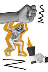 Trend artwork collage template of young lady support huge hand fist megaphone picket demonstration protest activist strike democracy