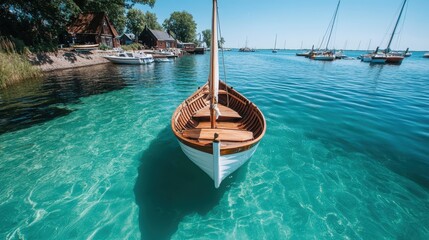A serene view of a wooden boat floating on crystal-clear turquoise waters, highlighting the calm and beauty of nature, perfect for showcasing peaceful escapes or seascapes.