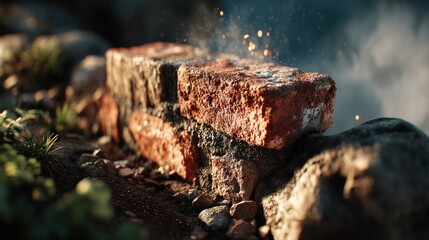 Fototapeta premium Weathered bricks forming a rustic wall, illuminated by gentle sunlight outdoors