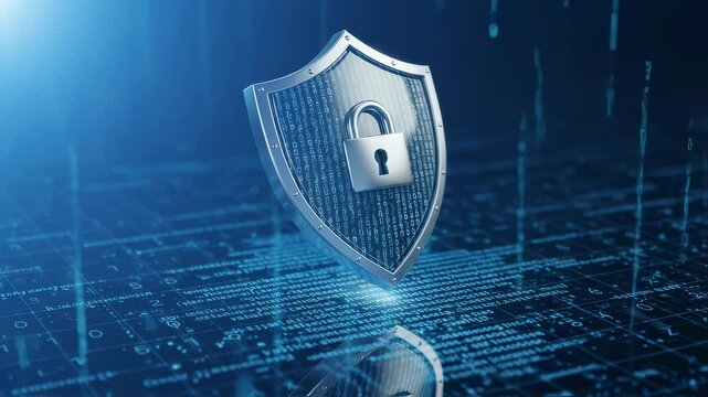 Cybersecurity shield protects digital data amidst falling binary code in futuristic interface