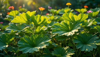 Lush summer garden focus on large nasturtium leaves with dappled shadow and floral highlights