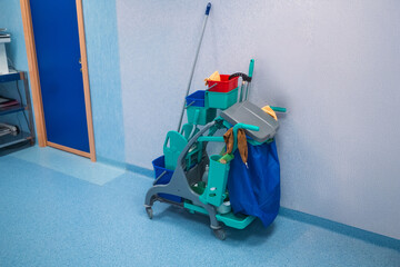 Cleaning trolley in hospital corridor
