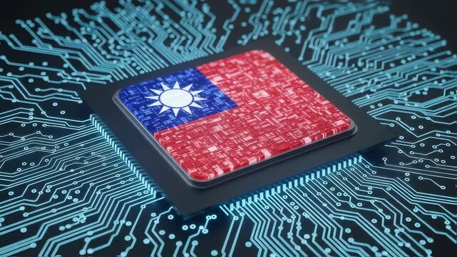 Taiwan flag on microchip amidst glowing circuit board: symbolizing technological advancement