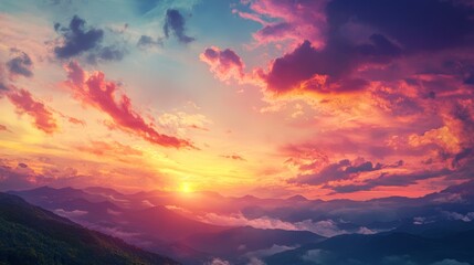 Fototapeta premium Vivid Sunset Painting the Sky in Warm Hues of Orange, Pink, and Purple Over Serene Horizon