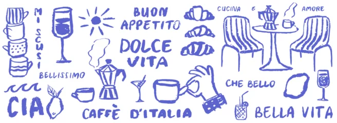  Italian style vacation hand drawn vector illustrations in grunge chalk charcoal rough doodle sketch style. Ink simple food coffee and lettering elements. Drawings for poster, placard or menu print. © KPstudio